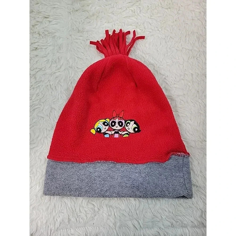 Vintage Y2K Youth Powerpuff Girls Cartoon Network Fleece‎ PomPom Winter Hat Red